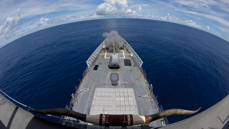 USS Cowpens, cruiser, CG-63, Ticonderoga-class, horn, firing, U.S. Navy, USA
