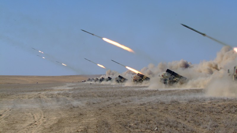 Naiza, MRL, multiple rocket launcher, artillery, Kazakhstan Armed Forces, desert, firing