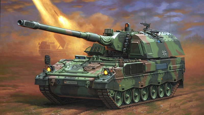 PzH 2000, howitzer, Panzerhaubitze, artillery, Bundeswehr, firing, art, painting