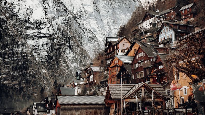 houses, mountains, by the river, snowy, 4k
