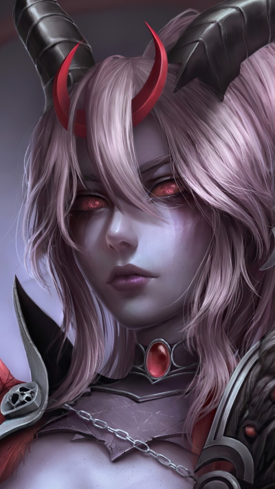 Fantasy Demon, Horns, Blonde, Red Eyes, Pointed Ears, 750x1334