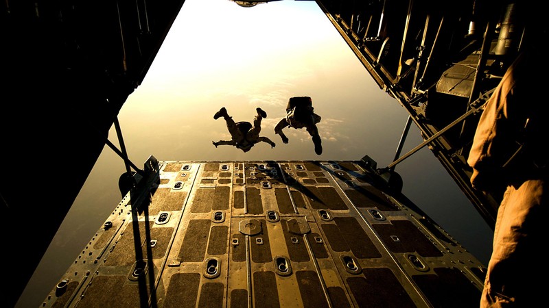 landing force, airlift delivery, soldier, parachute, military, aircraft, sky