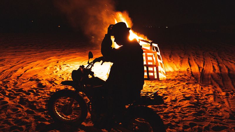 motorcycle, motorcyclist, silhouette, fire, flame, 4k