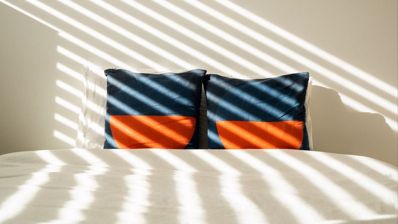 bed, pillows, white, shadows, 4k
