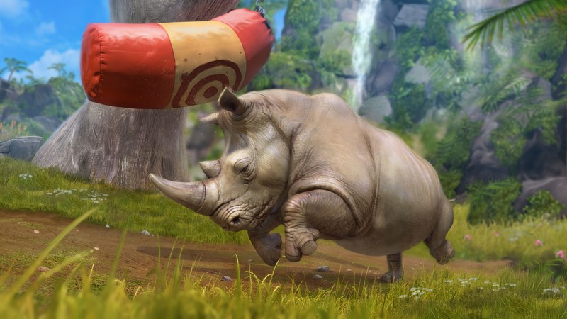 Rhino, green grass, nature, waterfall, grey, zoo tycoon, animal