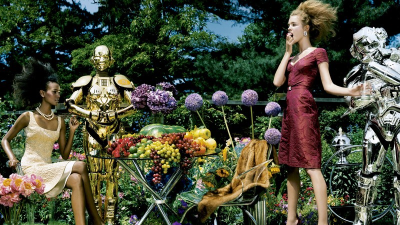 Liya Kebede, Natalia Vodianova, model, actress, philanthropist, blonde, red, dress, garden, fruit, robots, flowers