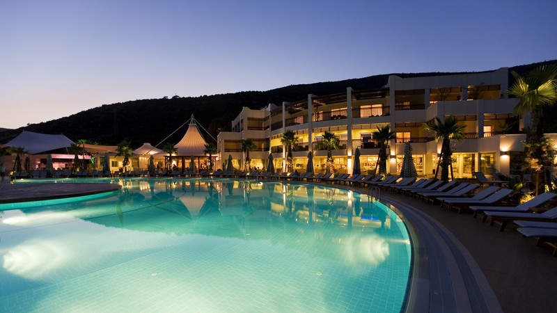 Latanya Bodrum Beach Resort, Turkey, hotel, pool, twilight, light, sunbed, travel, vacation, booking, resort, reflection