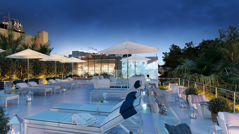New World Symphony, Miami, hotel, resort, sunbed, palm, sky, blue, travel, vacation, booking
