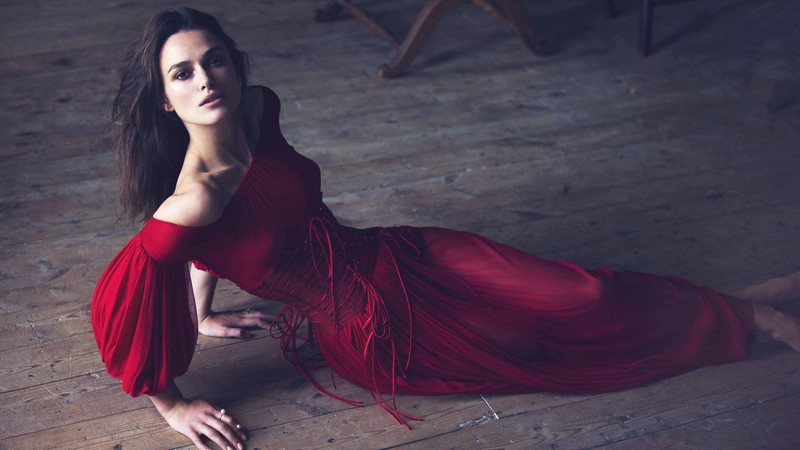 Keira Knightley, Actress, brunette, red dress, look, room, wood floor, Pirates of the Caribbean