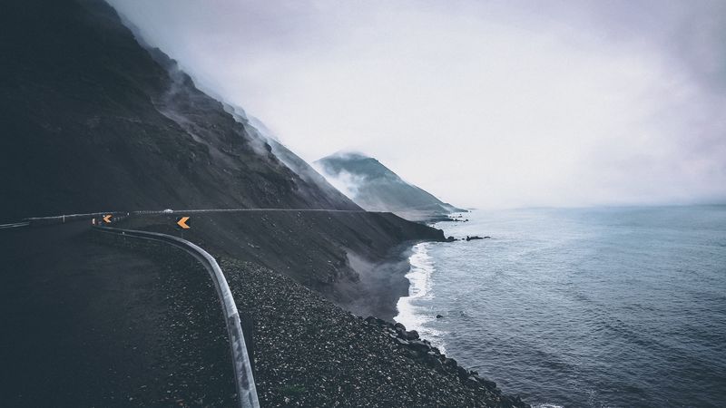coast, road, sea, mountains, fog, 4k