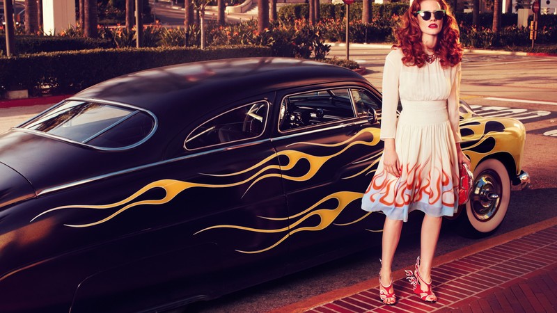 Jessica Chastain, Actress, television star, red hair, beauty, dress, red lips, car, glasses, Vogue Italia