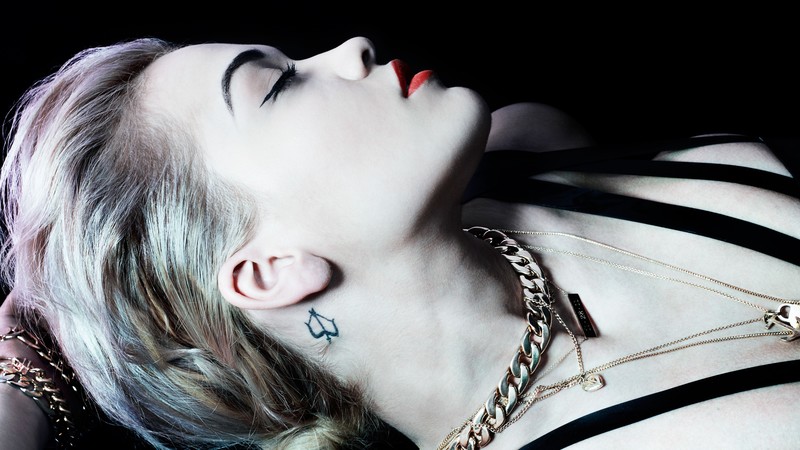 Rita Ora, Actress, Artists, music, red lips, tatoo, white skin, black background, Profile