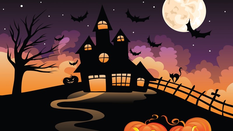 Halloween, All Hallows Eve, All Saints Eve, castle, night, hill, bats, full moon