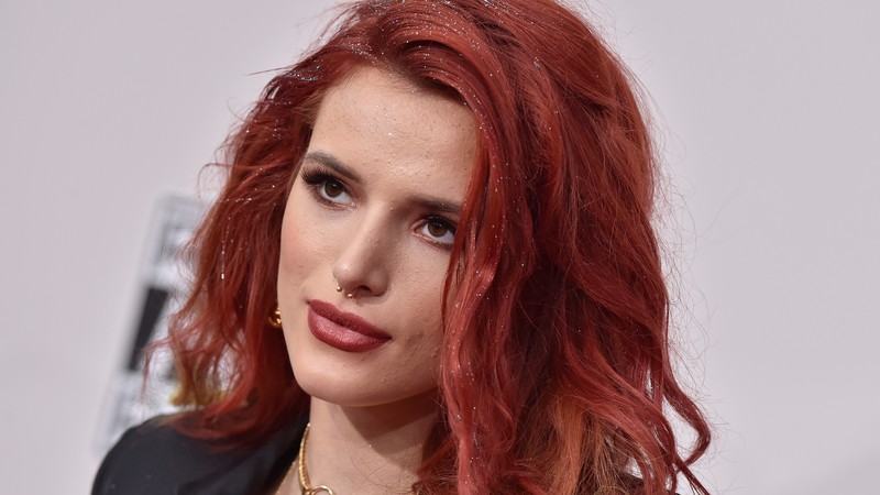 Bella Thorne, Actress, red hair, pink dress, bed, flowers, book