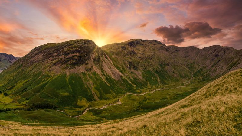 mountains, peaks, sunset, grass, meadow, 4k