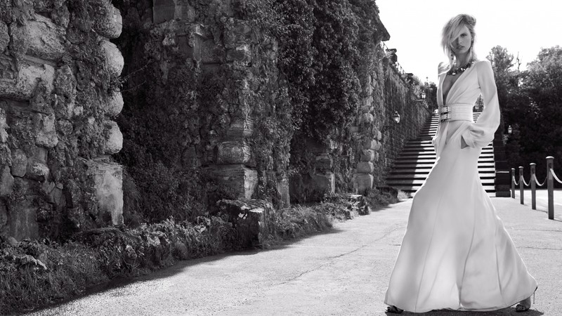 Karolina Kurkova, photo shoot, magazine, dress, eyes, hair, wall, leaves, stairway, black and white