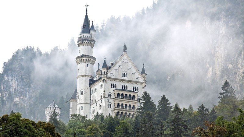 Neuschwanstein castle, Germany, forest, trees, smoke