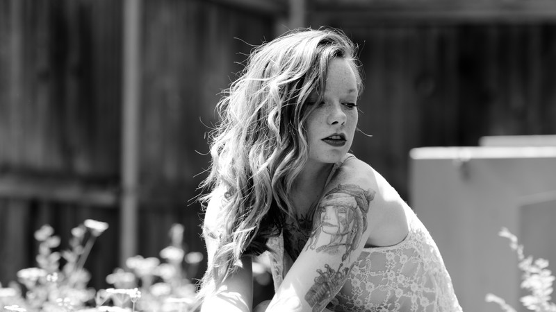Hattie Watson, tattoo pattern, lace, curly hair, black and white