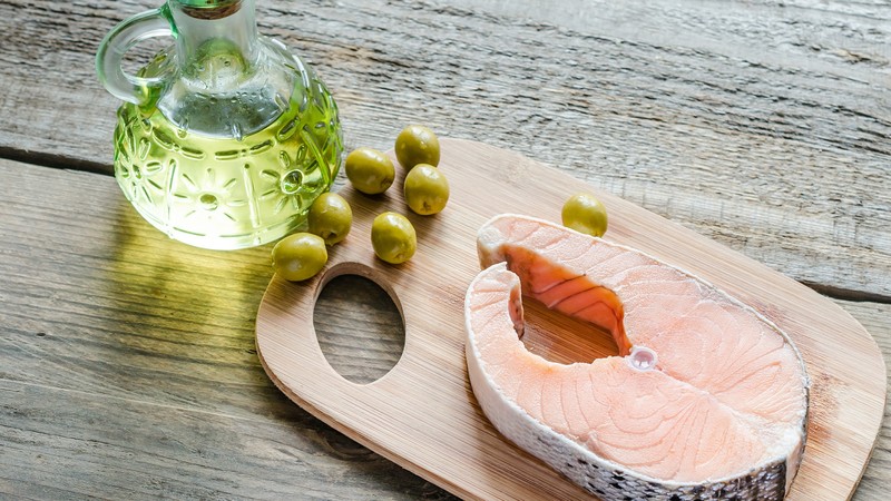 steak, salmon, olive oil, olives