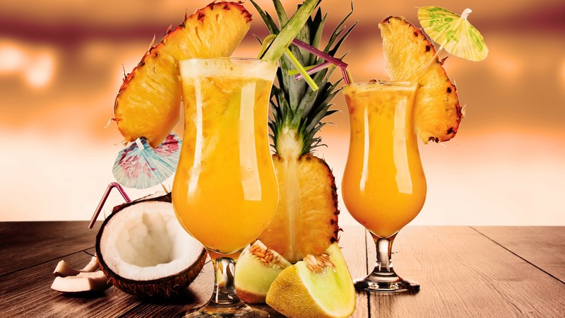 cocktails, juice, fruit, pineapple, coconut, melon, ice