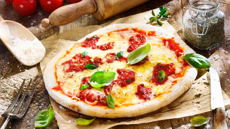 pizza, tomatoes, peppers, cheese, basil, salami