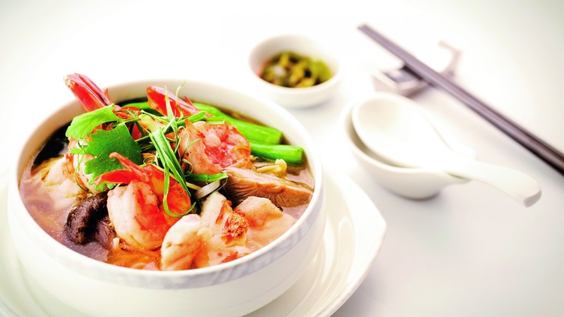 seafood soup, shrimp, scallops, mushrooms, tomato sauce, greens