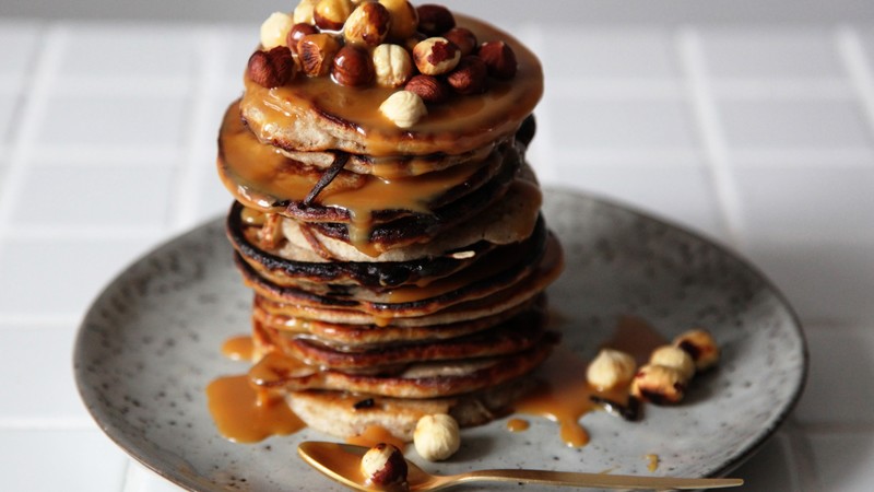 pancakes, buckwheat, milk, syrup, hazelnu