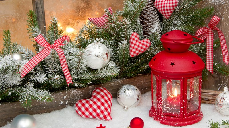 new year, christmas, decorations, balloons, stars, hearts, decoration, candle, fire, snow, winter, holidays, fir-tree