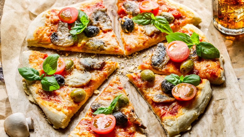 pizza, food, slices, olives, mushrooms, cherry tomatoes, basil