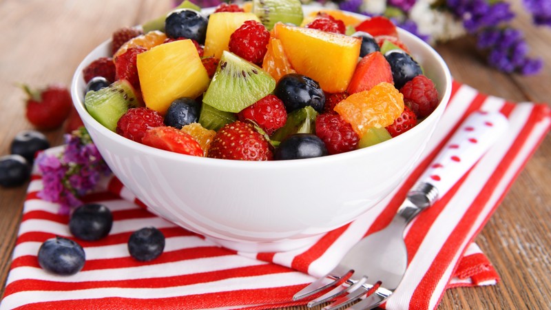 salad, fruits, raspberries, strawberries, blueberries, grapes, kiwi, mango, orange