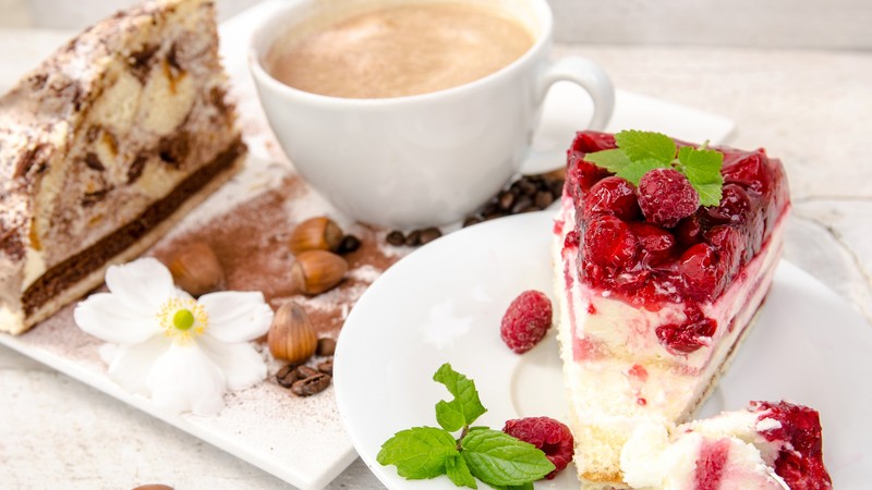 cheesecake, raspberry, mint, cream, coffee, hazelnut