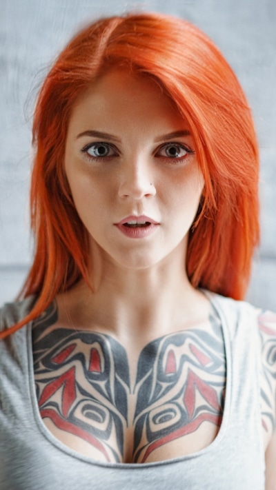 Women Tattoo, Blue Eyes, Orange Hair, Model, 750x1334