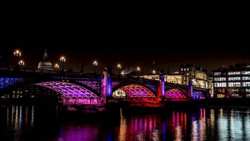 bridge, architecture, neon, cathedral, 4k