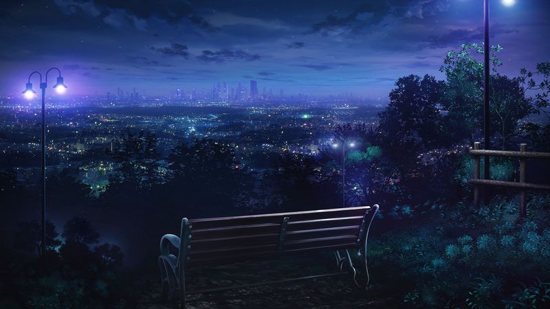 bench, night city, overview, 4k