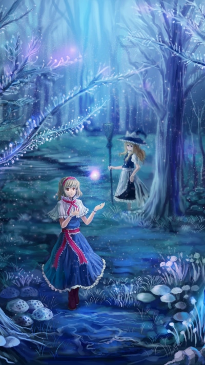 Anime Touhou, Marisa Kirisame, Alice Margatroid, Forest, Broom, Blonde, 750x1334