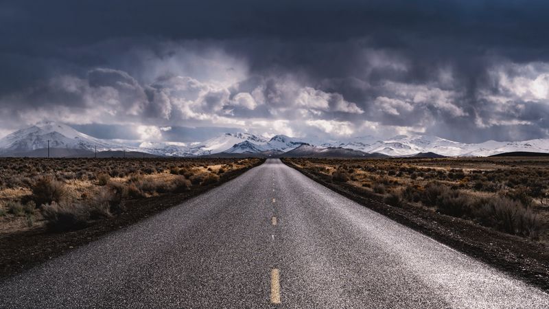 road, marking, distance, mountains, clouds, 4k