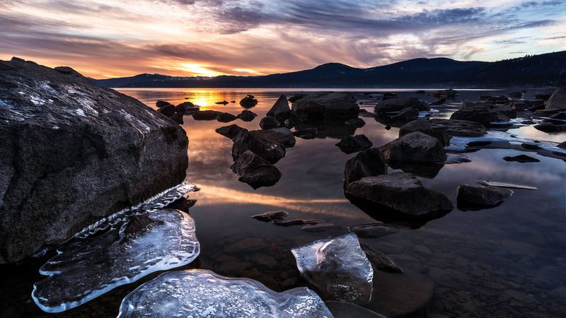 ice, landscape, sunset, 4k