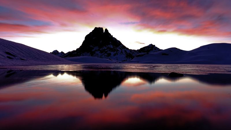 peak, silhouette, sunset, pink, 4k