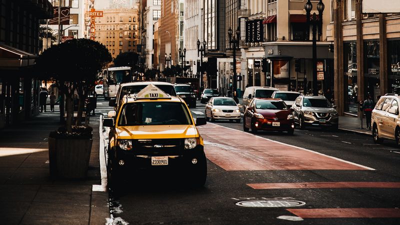 city, buildings, street, taxi, 4k