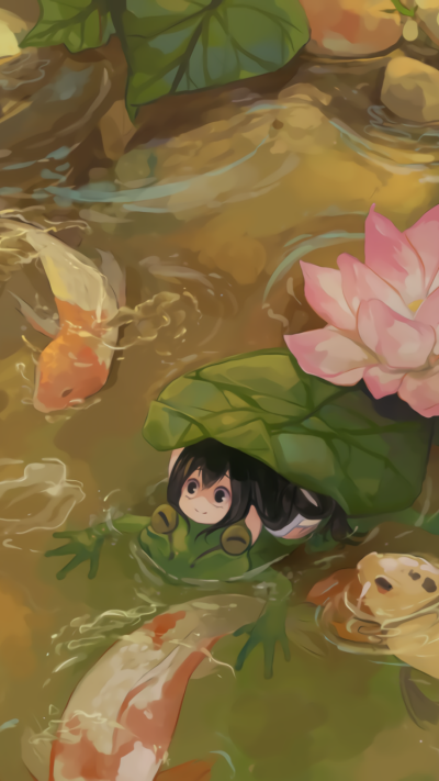 Anime My Hero Academia, Leaf, Tsuyu Asui, Frog, Fish, Pond, 750x1334