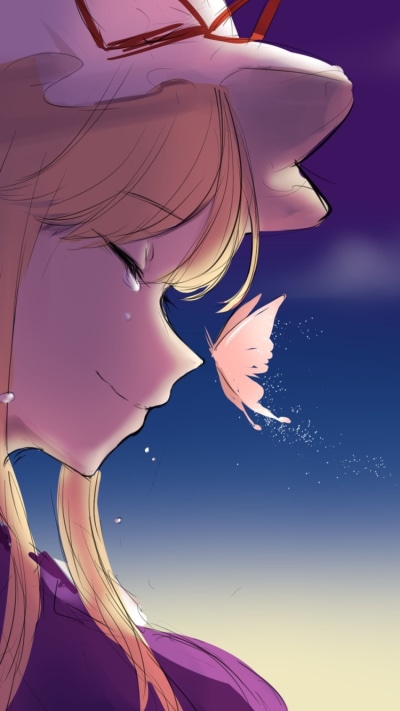 Anime Touhou, Butterfly, Smile, Yukari Yakumo, Blonde, Tears, 750x1334