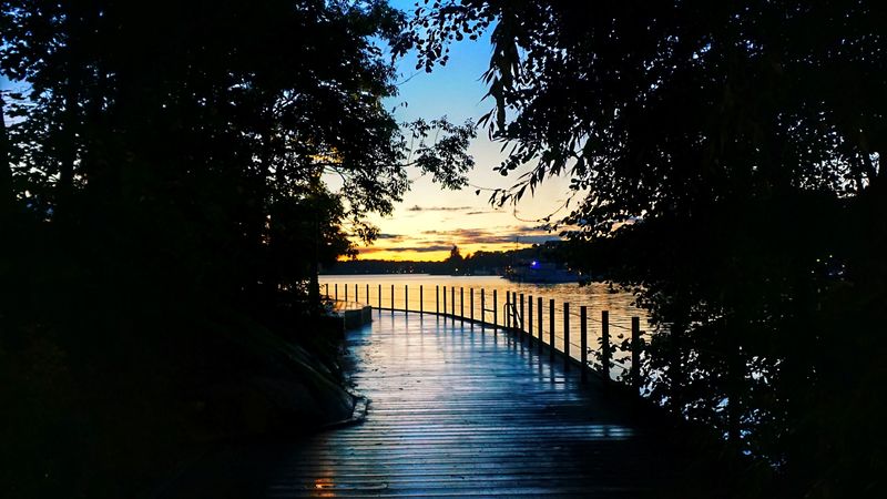 bridge, wooden, sunset, dark, 4k