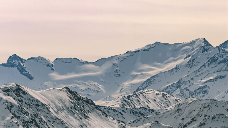 mountains, snowy, peaks, forest, 4k