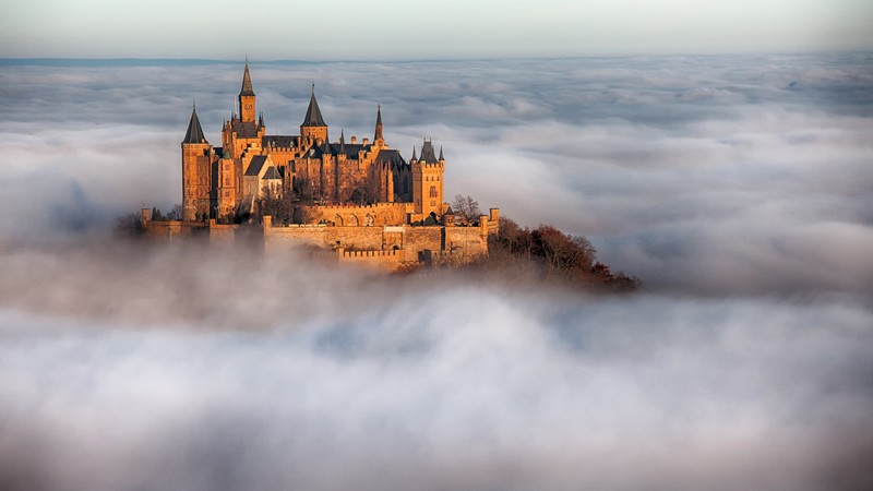 Hohenzollern Castle, Germany, Europe, fog, 4k