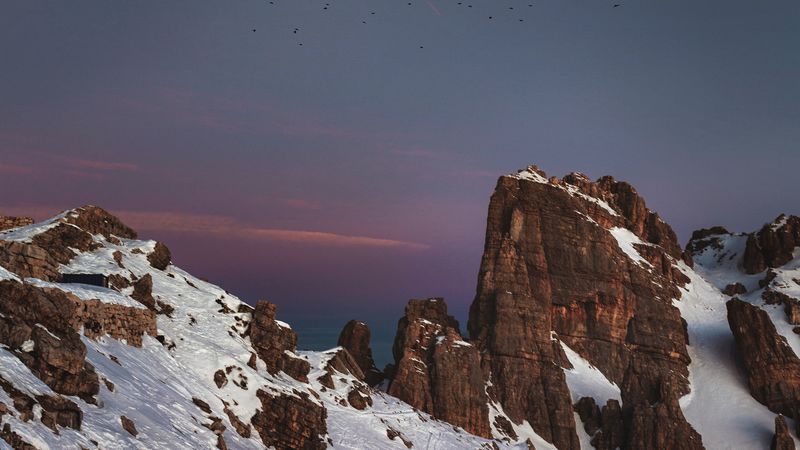mountains, peaks, snowy, birds, 4k