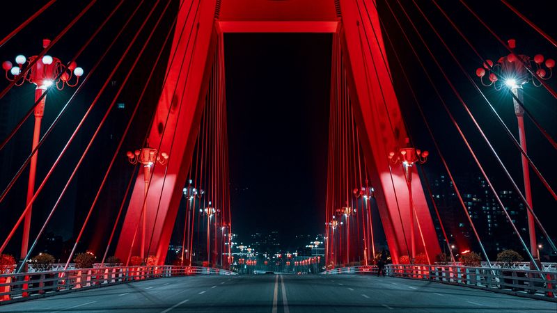 bridge, neon, road, red, 4k