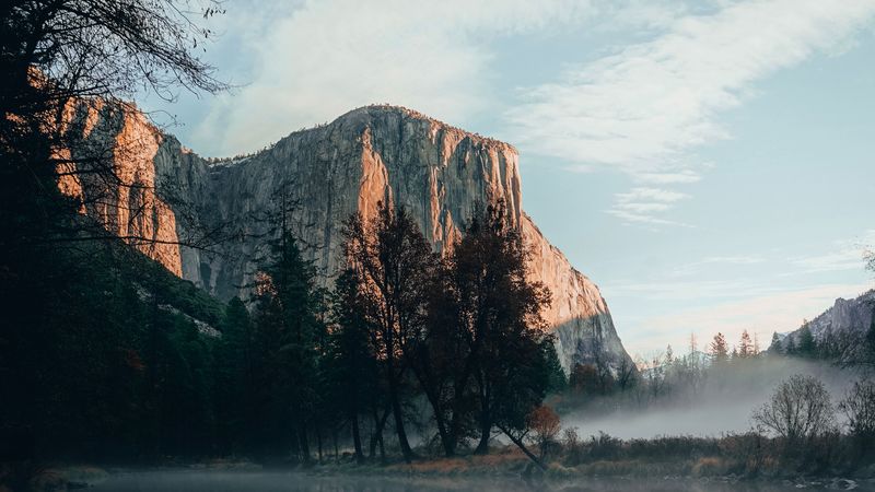 rock, cliff, fog, water, 4k