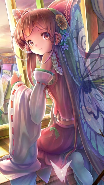 Anime Touhou, Flower, Butterfly, Reimu Hakurei, Room, Book, 750x1334