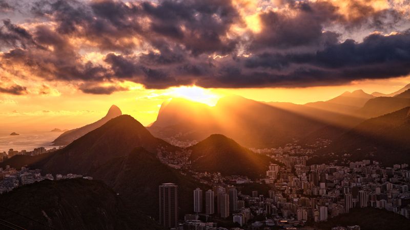 city, peaks, sunset, sun, 4k