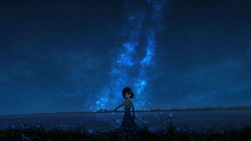 girl, night, starry sky, anime, 4k
